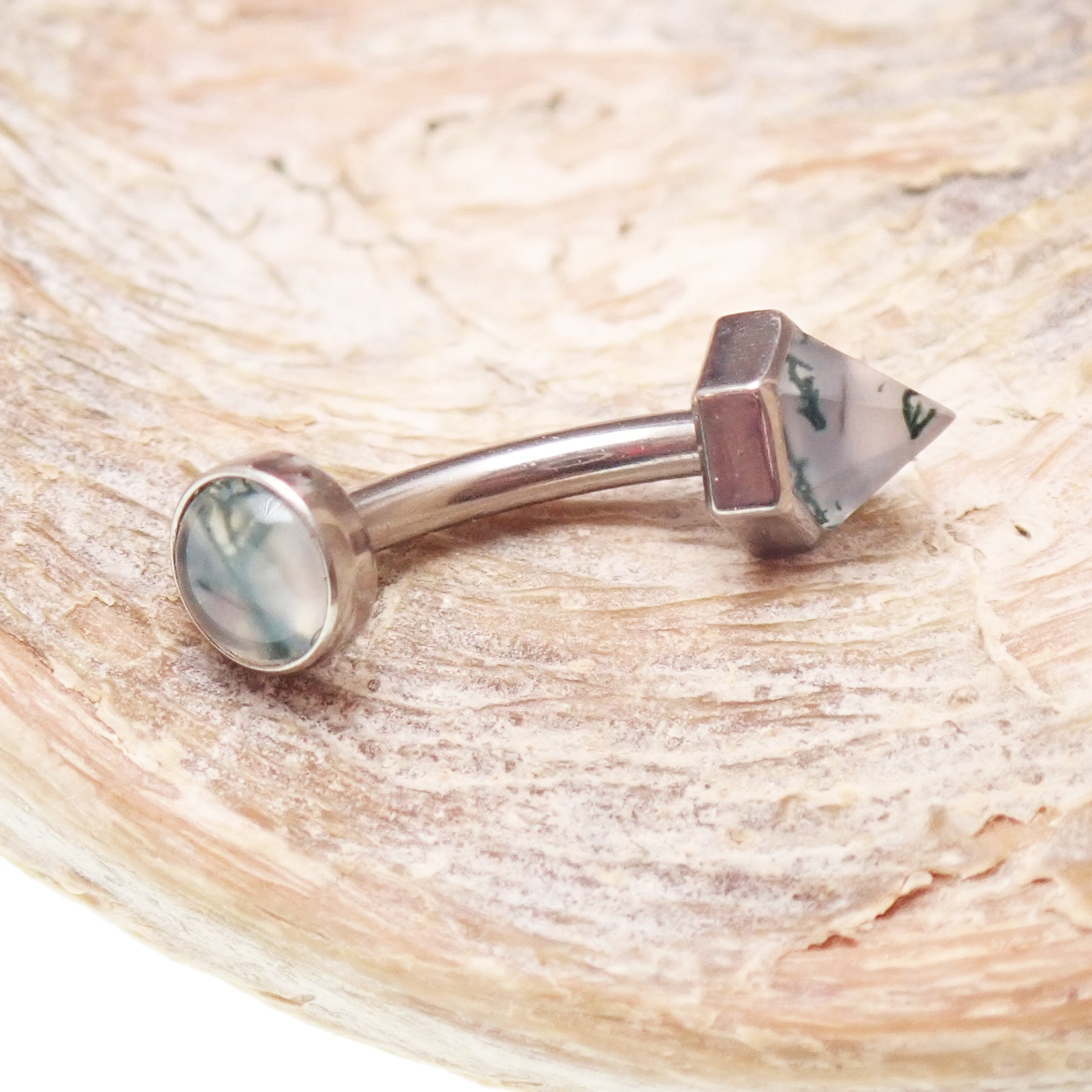 16G Moss Agate curved barbell in implant grade titanium with internal threading, body jewelry by Body Clickers.