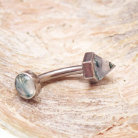 16G Moss Agate curved barbell from Body Clickers Body Jewelry, implant-grade titanium, internally threaded, with polished moss agate stone.