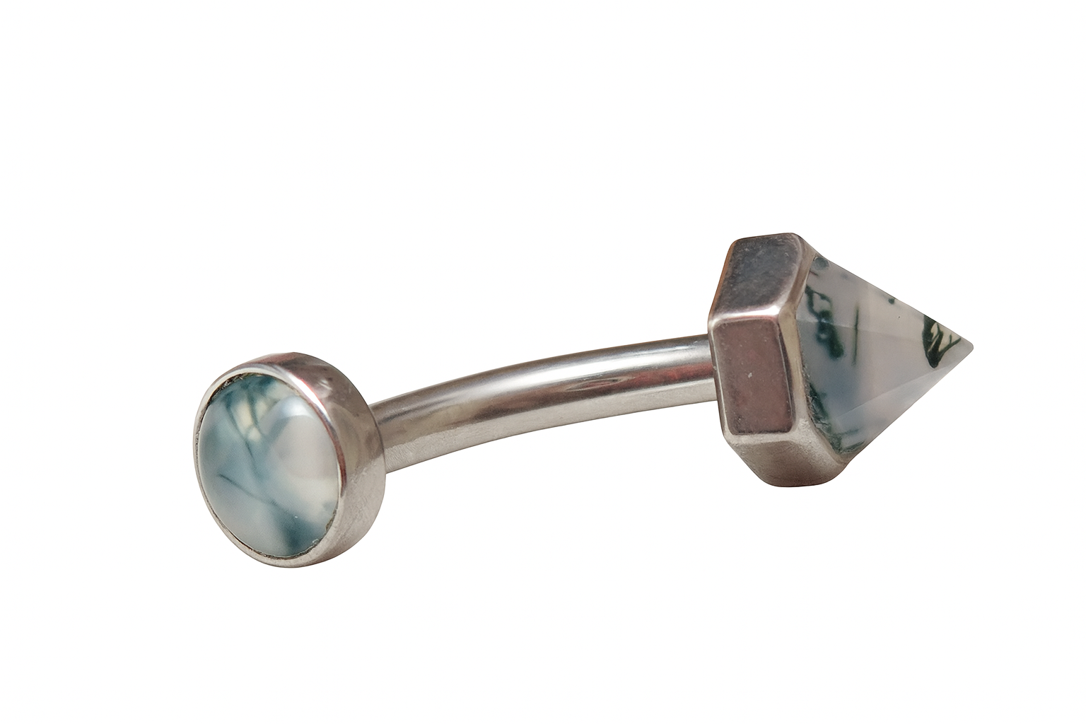 16G Moss Agate curved barbell with implant-grade titanium and internal threading, body jewelry by Body Clickers.