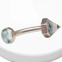 16G Moss Agate curved barbell by Body Clickers Body Jewelry, implant-grade titanium, internally threaded for body piercing.