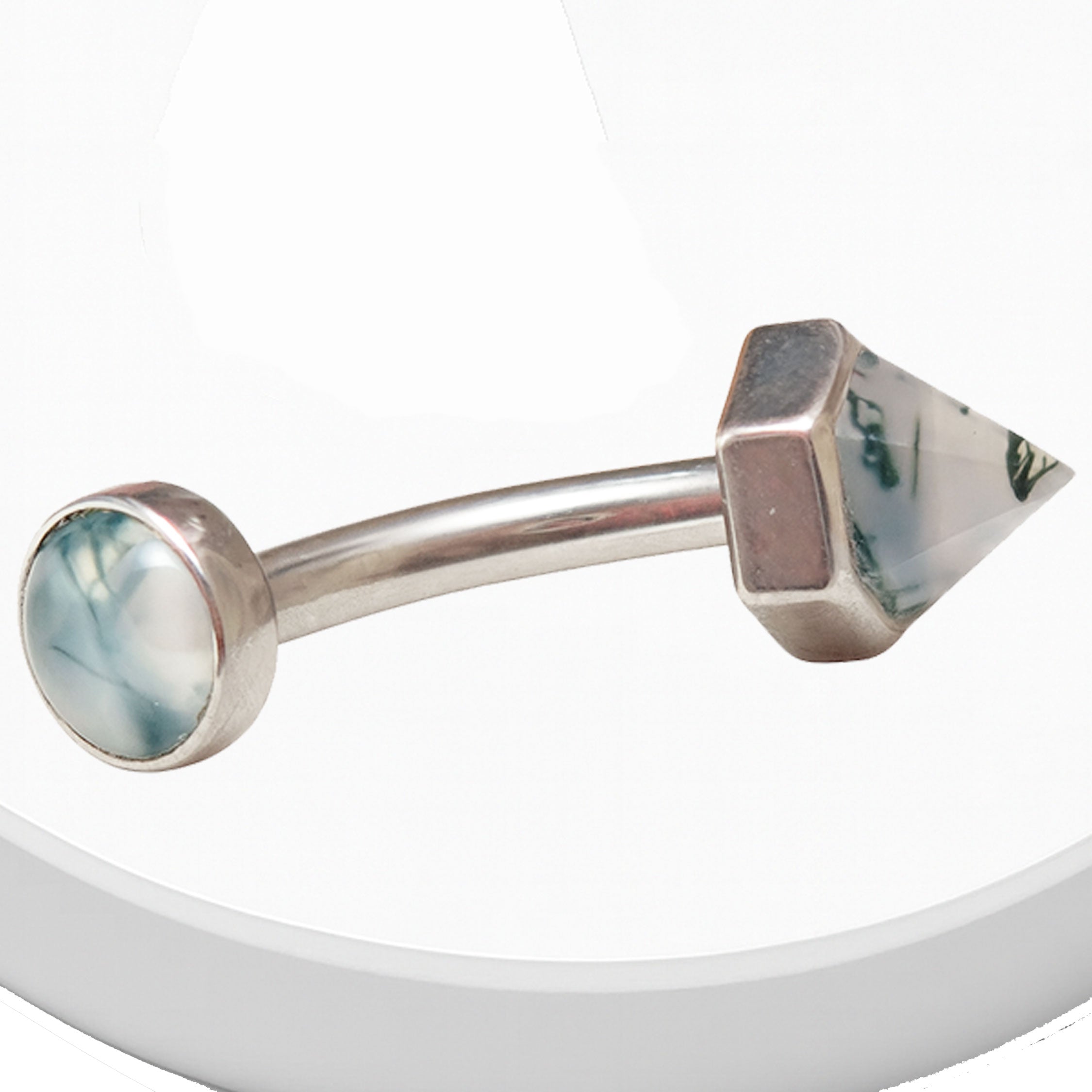 16G Moss Agate curved barbell by Body Clickers Body Jewelry, implant-grade titanium, internally threaded for body piercing.
