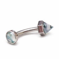 16G Moss Agate curved barbell by Body Clickers in implant-grade titanium, internally threaded for body piercing.