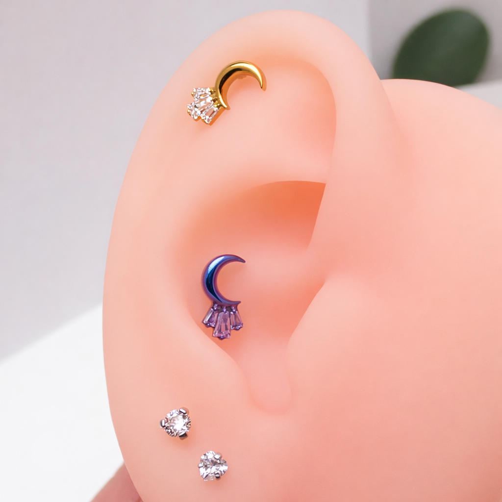 Moon CZ Cluster Flatback Piercing by Body Clickers in implant-grade titanium, available in 16g, 18g, and 20g sizes.