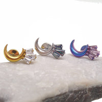 Moon CZ Cluster Flatback Piercing by Body Clickers in implant-grade titanium, available in 16g, 18g, and 20g sizes.