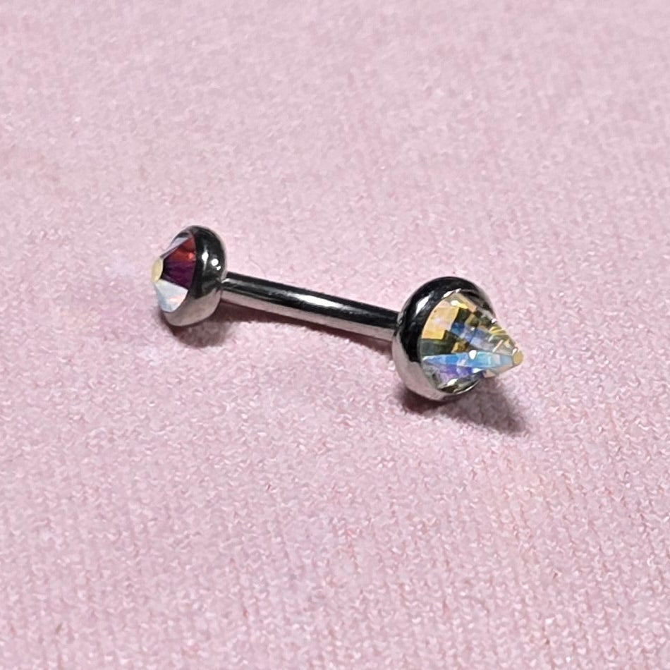Swarovski AB titanium curve bar body jewelry in 16g with 5mm Swarovski crystals, designed for body piercing, by Body Clickers.