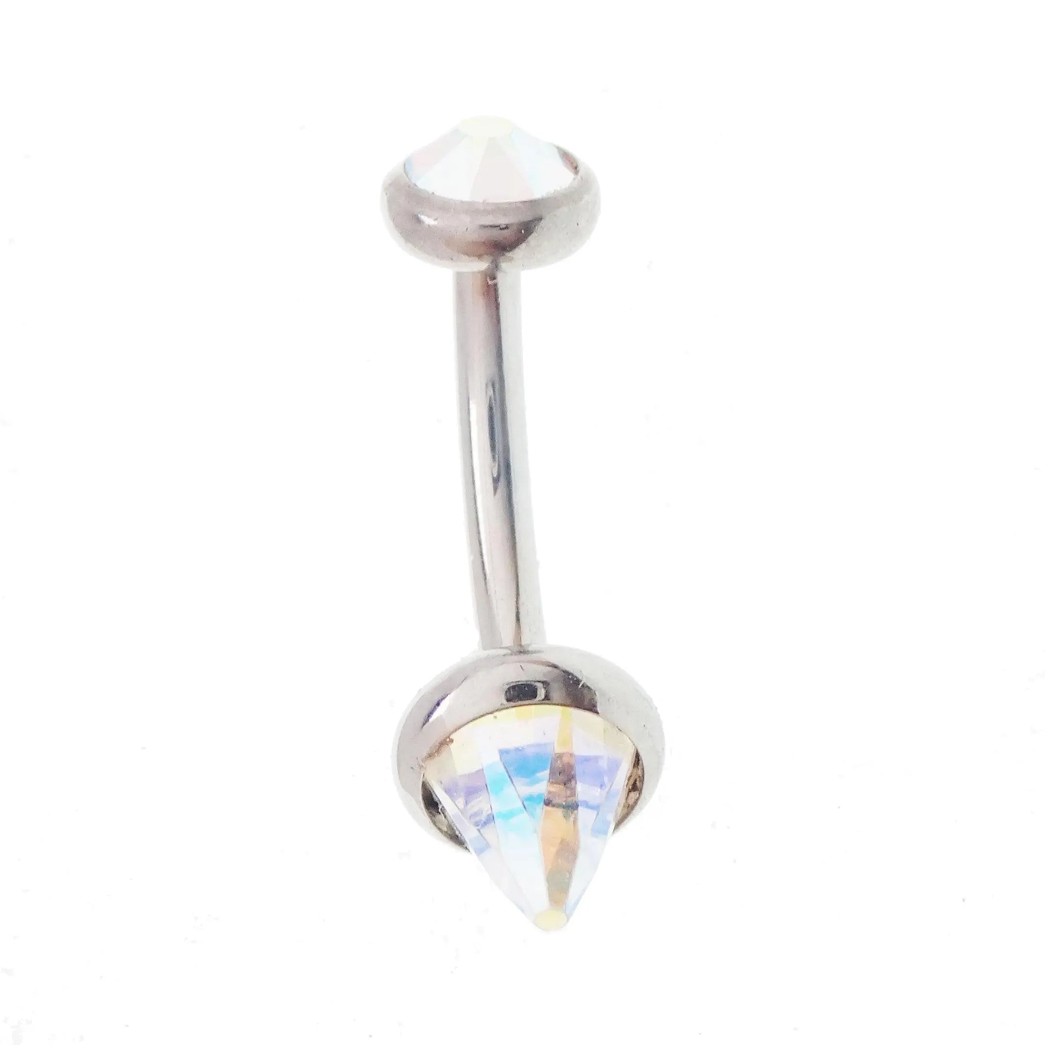 Swarovski AB titanium curve barbell body jewelry by Body Clickers, 16g, with sparkling crystal accents and curved design.