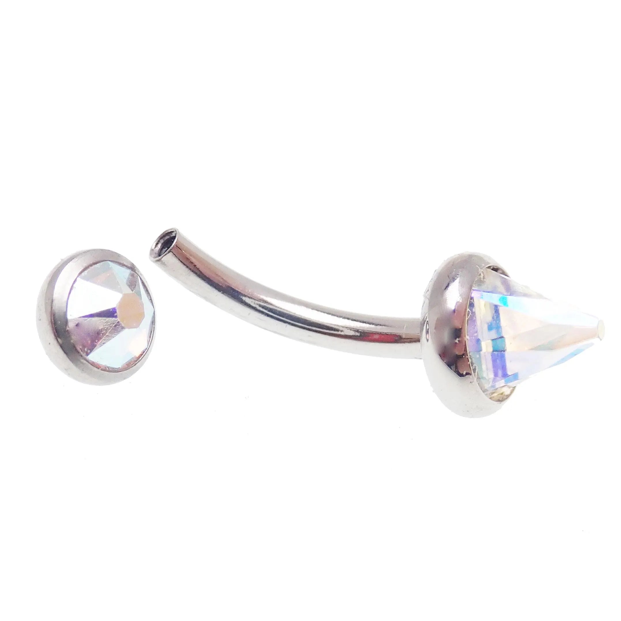 Swarovski AB titanium curve bar body jewelry by Body Clickers, 16g, with sparkling crystal accents and a sleek curved design.