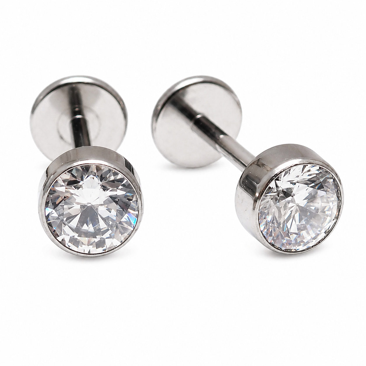 Pair 20g Titanium PUSH FIT Flat back earrings 4mm CZ