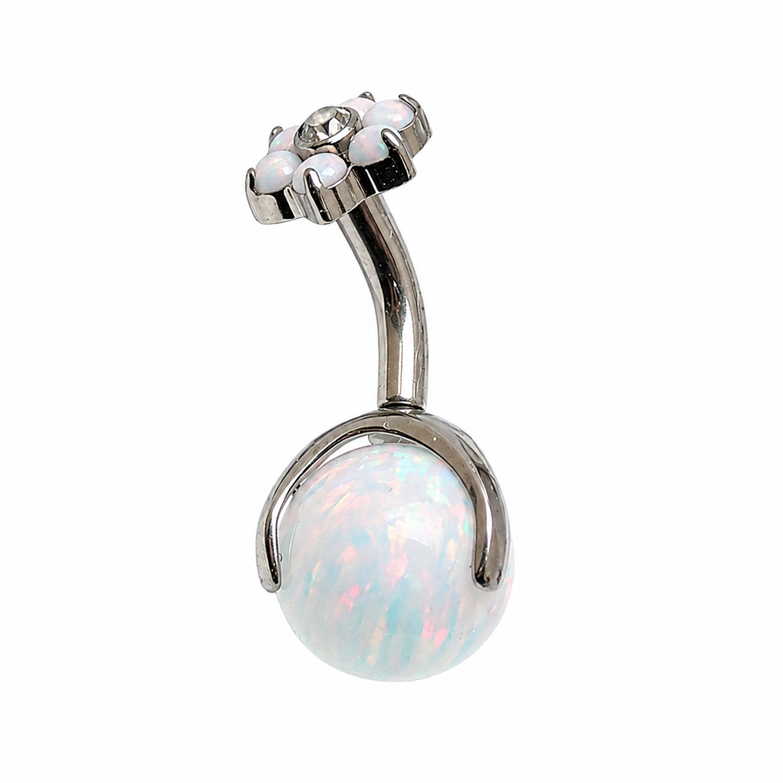 Titanium sun and ice white opal flower belly ring with decorative floral design and 6mm size from Body Clickers Body Jewelry.