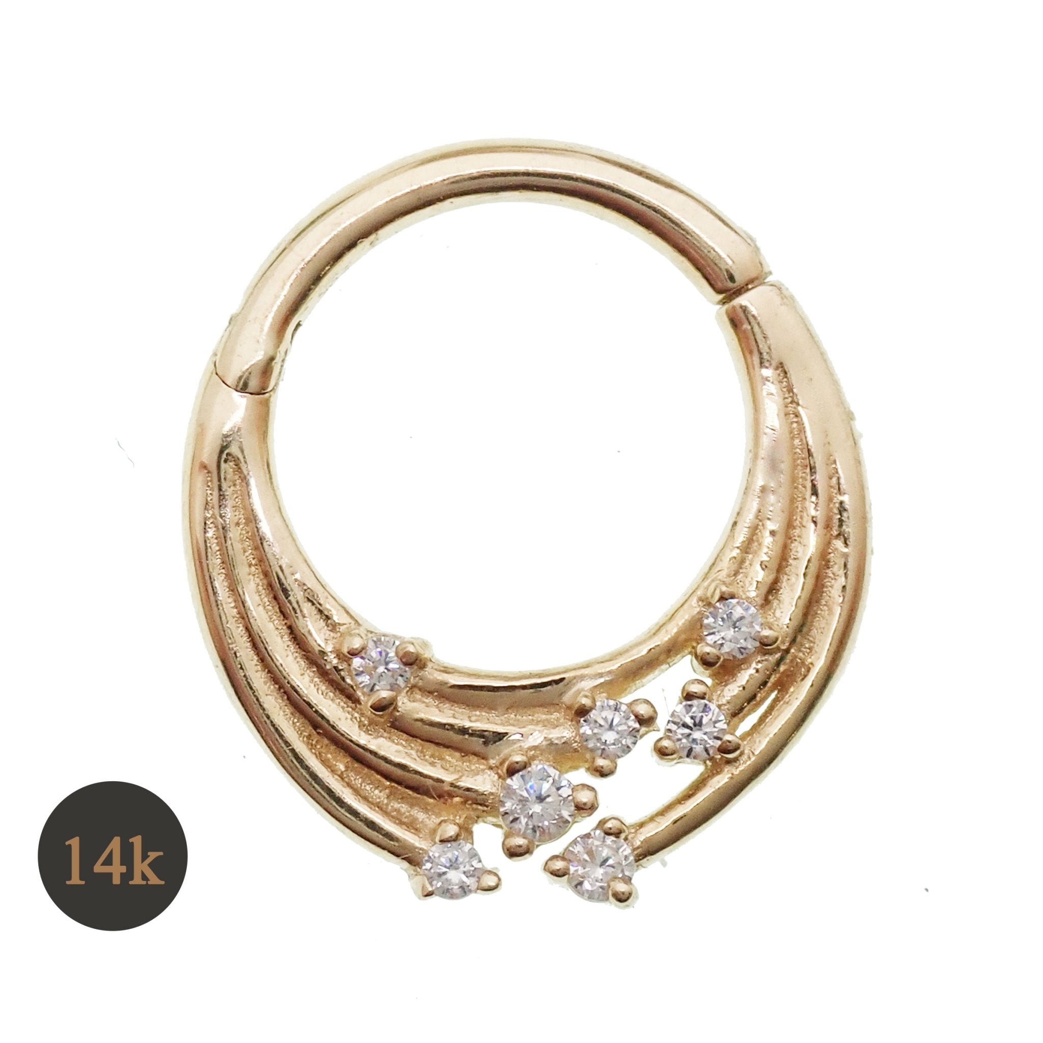 14k gold cosmic septum or daith clicker with galaxy sweep design, 16 gauge body jewelry by Body Clickers Body Jewelry
