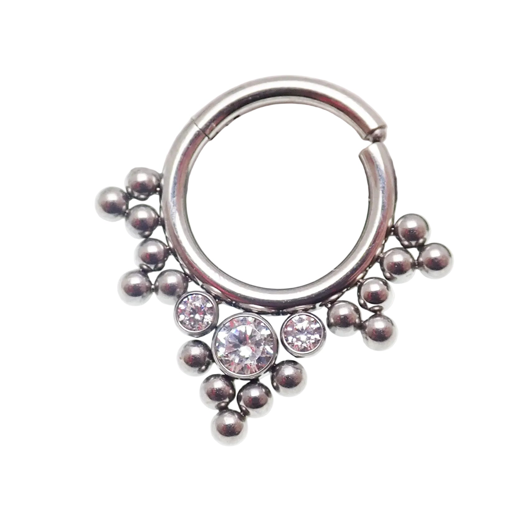 Beaded and CZ hinged titanium clicker body jewelry in 16g with 8mm beads, featuring a sleek design by Body Clickers