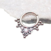 Beaded and CZ hinged titanium clicker body jewelry in 16g with 8mm beads and sparkling cubic zirconia accents.