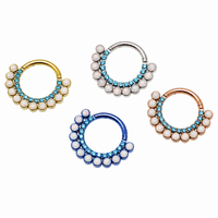 Blue zircon and white fire opal titanium clicker body jewelry in 16g size, featuring an elegant 8mm design with a secure clicker clasp.