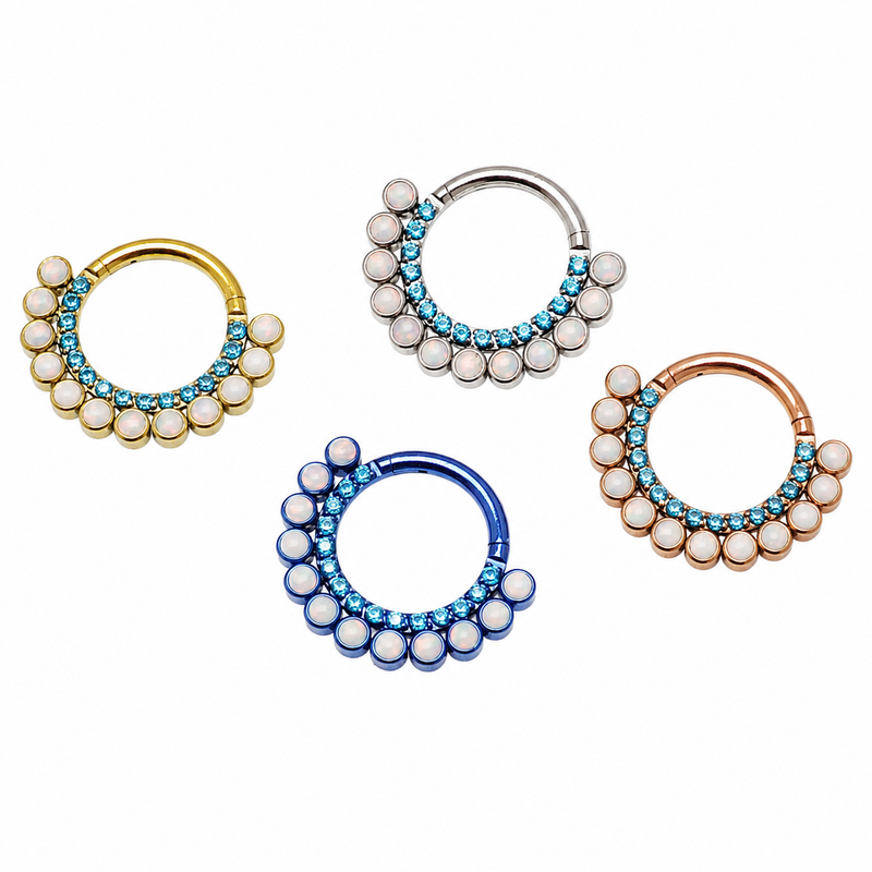 Blue zircon and white fire opal titanium clicker body jewelry in 16g size, featuring an elegant 8mm design with a secure clicker clasp.