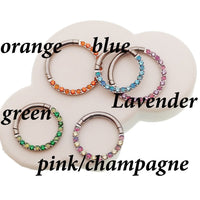 Green opal and CZ front titanium clicker body jewelry in 16g with 8mm design by Body Clickers.
