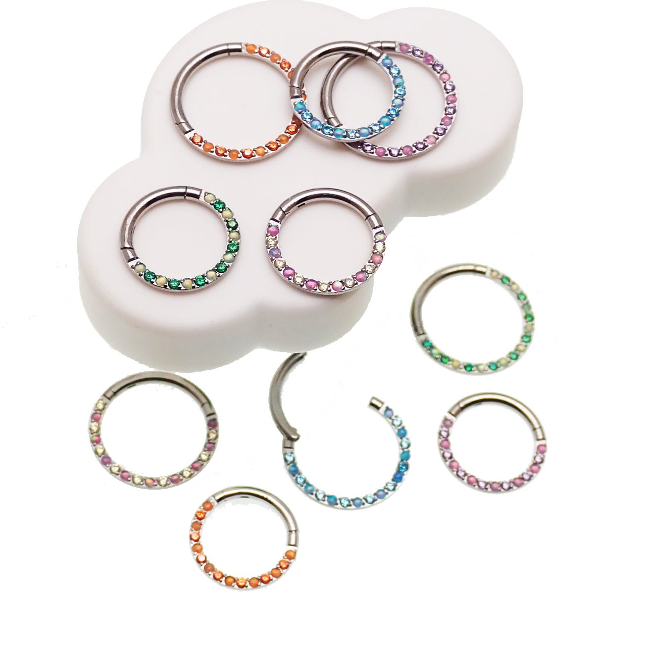 Green opal and CZ front titanium clicker earring in 16g body jewelry with an 8mm design from Body Clickers.