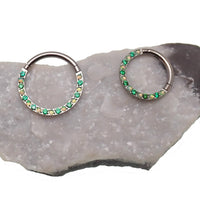Green opal and CZ front titanium clicker earring in 16g body jewelry with 8mm design by Body Clickers Body Jewelry