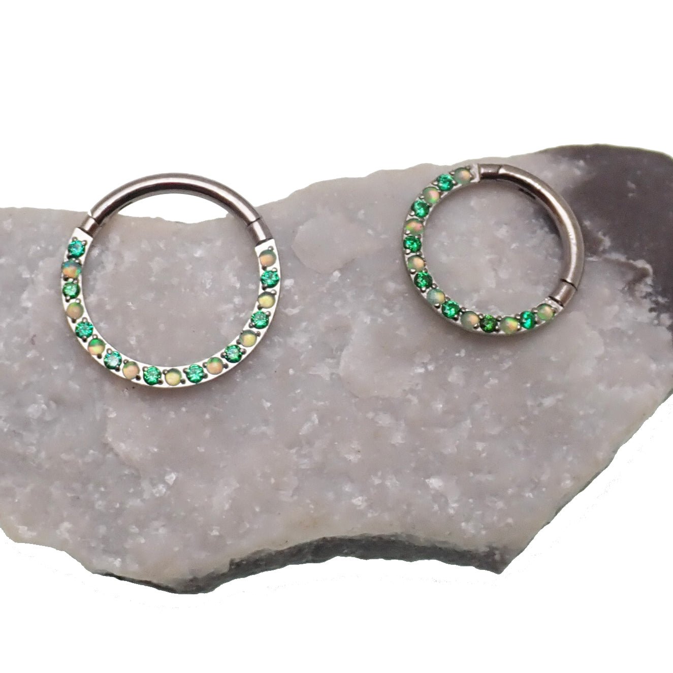 Green opal and CZ front titanium clicker earring in 16g body jewelry with 8mm design by Body Clickers Body Jewelry