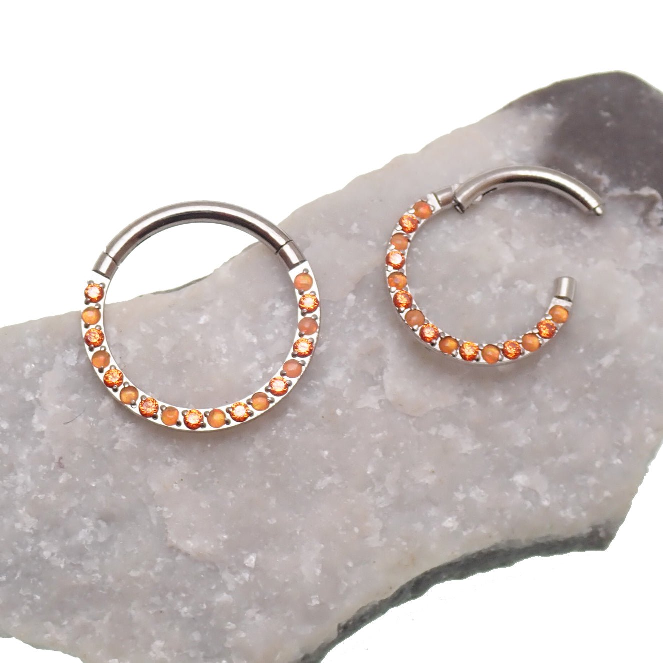 Green opal and CZ front titanium clicker body jewelry, 16g, with an 8mm decorative design in a sleek clicker style.