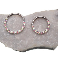Green opal and CZ front titanium clicker body jewelry, 16g, with 8mm decorative stones, by Body Clickers Body Jewelry.