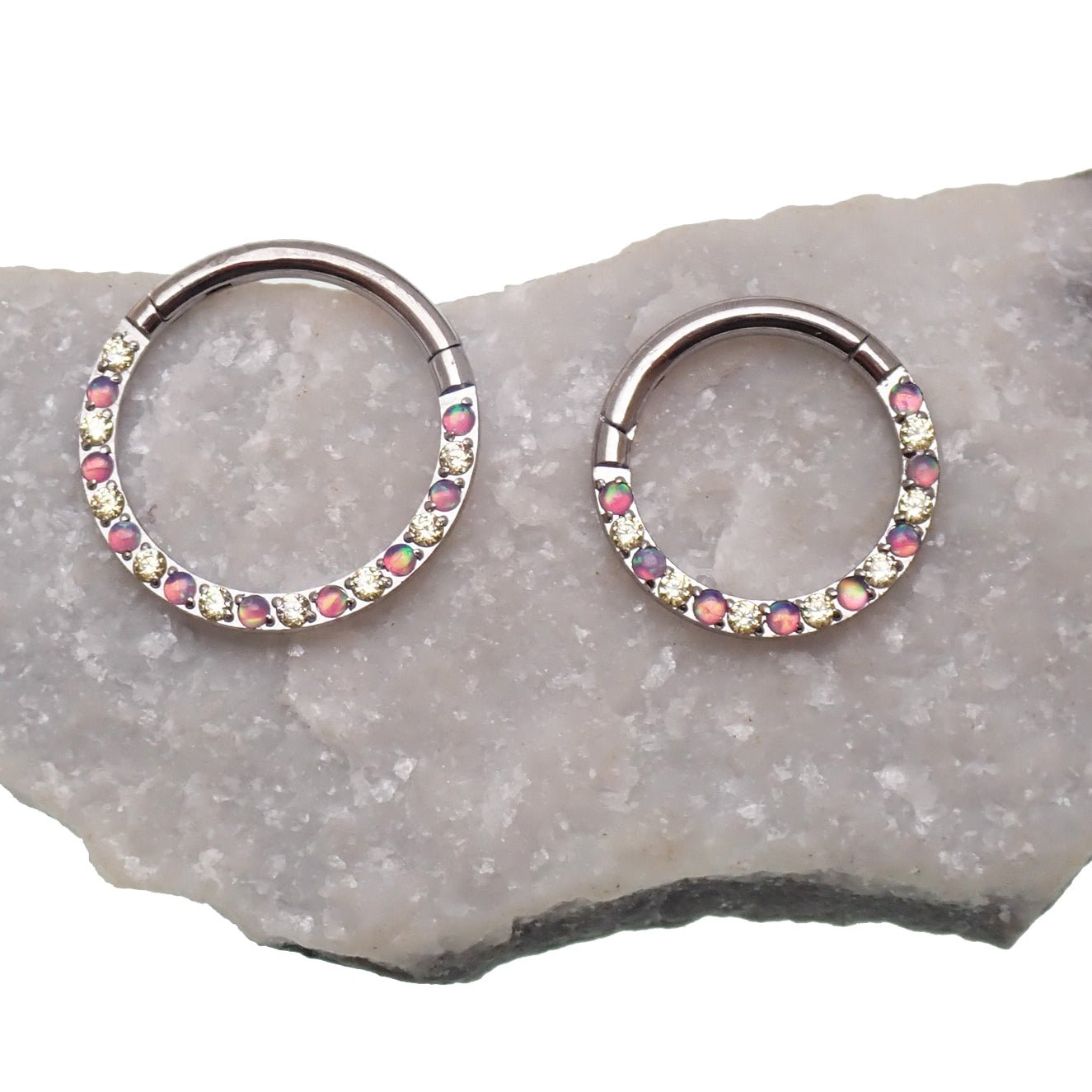 Green opal and CZ front titanium clicker body jewelry, 16g, with 8mm decorative stones, by Body Clickers Body Jewelry.