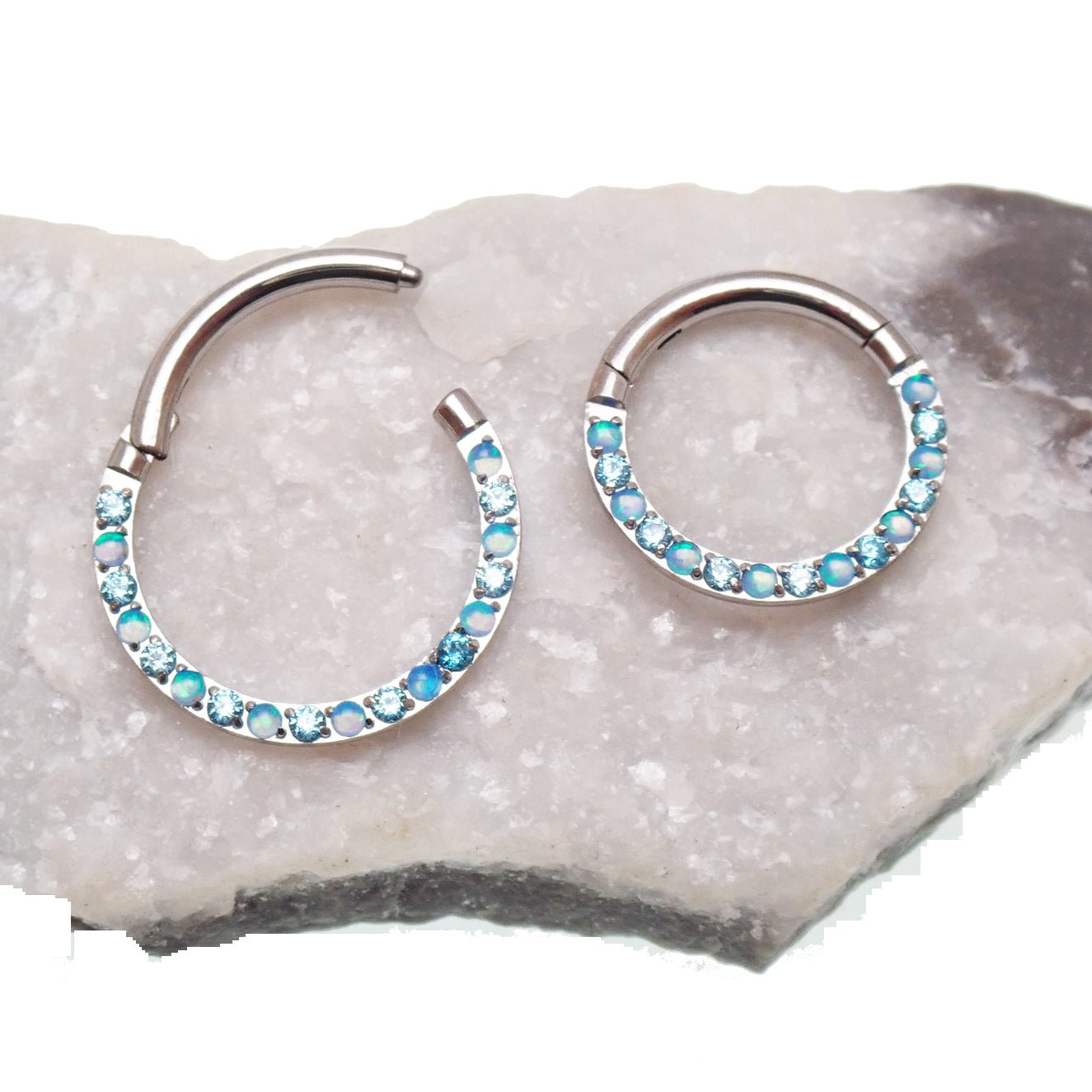 Green opal and CZ front titanium clicker body jewelry in 16g with 8mm design by Body Clickers.