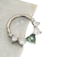 Moss Agate and CZ heart hinged clicker body jewelry in 16g, featuring a decorative gemstone and elegant design.