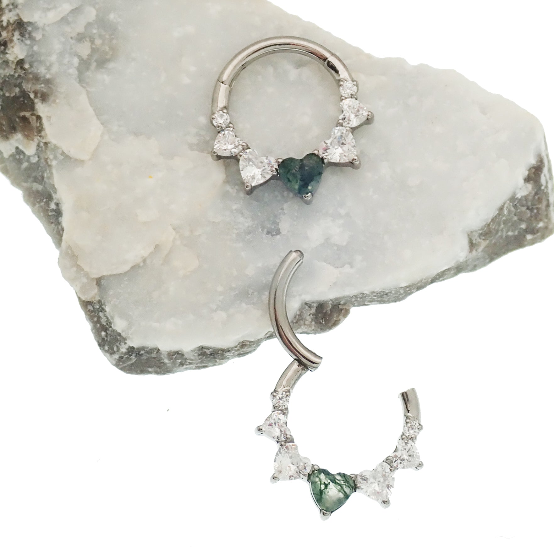 Moss Agate and CZ heart hinged clicker body jewelry, 16g, with detailed stone and metal design for ear or cartilage piercing.
