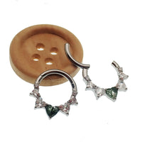 Moss agate and cubic zirconia heart hinged clicker body jewelry in 16g with 8mm stones and silver-tone finish.