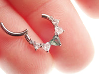 Moss Agate and CZ heart hinged clicker body jewelry in 16g with 8mm stones and gold-tone setting.