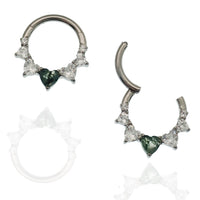 Moss agate and cubic zirconia heart-shaped hinged clicker body jewelry in 16g with 8mm stones.