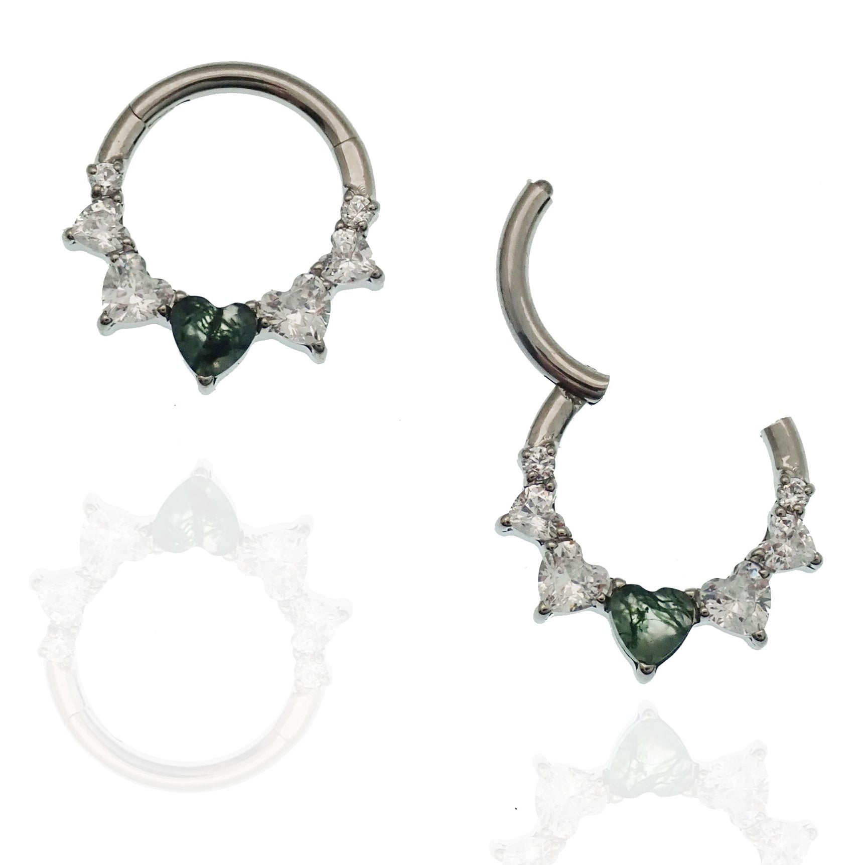 Moss agate and cubic zirconia heart-shaped hinged clicker body jewelry in 16g with 8mm stones.