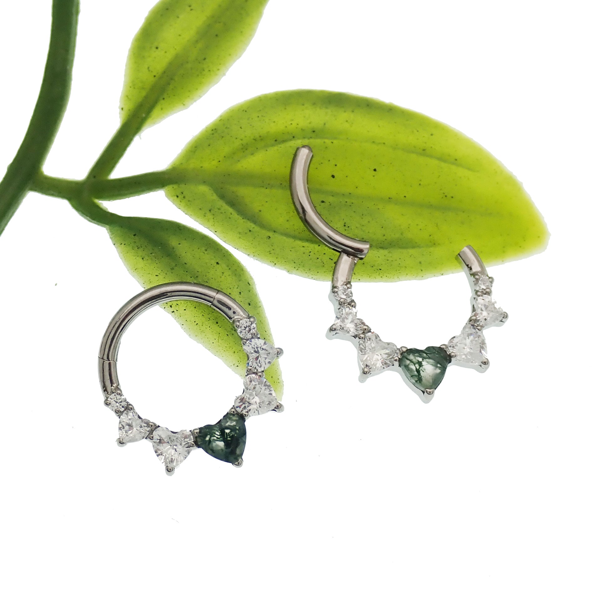 Moss agate and cubic zirconia heart hinged clicker body jewelry in 16g with 8mm stones.