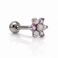 Pink flower opal tongue piercing in 14g with a body clickers body jewelry design featuring an 8mm flower-shaped gemstone.