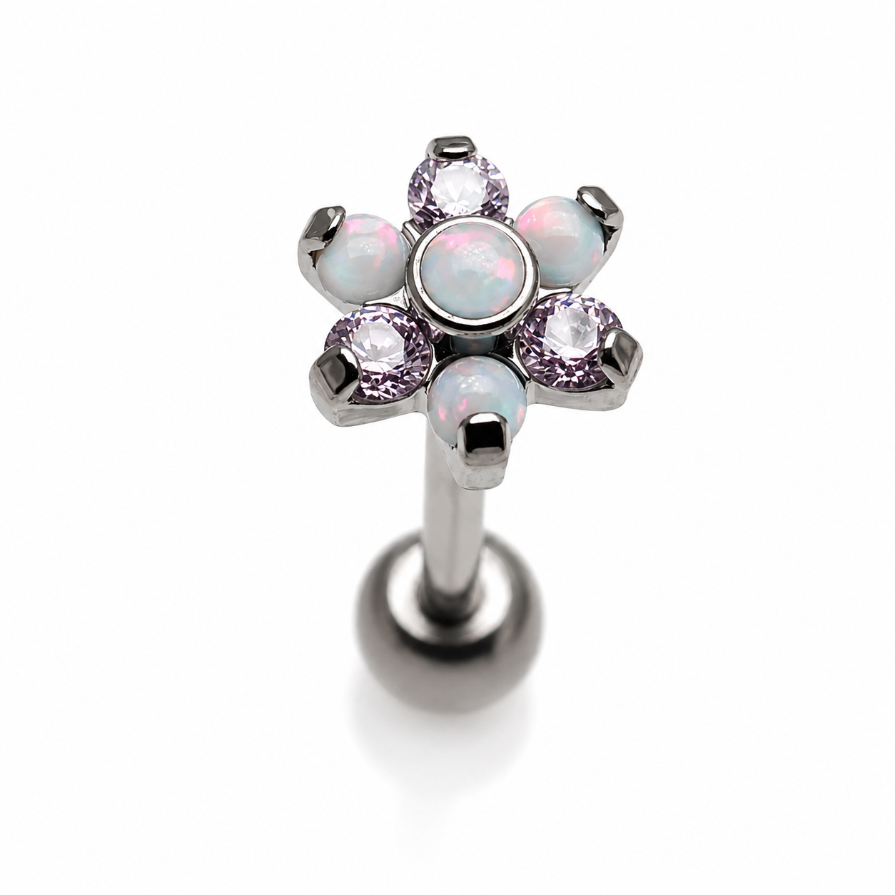 Pink flower opal tongue piercing in 14g stainless steel with a decorative pink flower design from Body Clickers Body Jewelry.