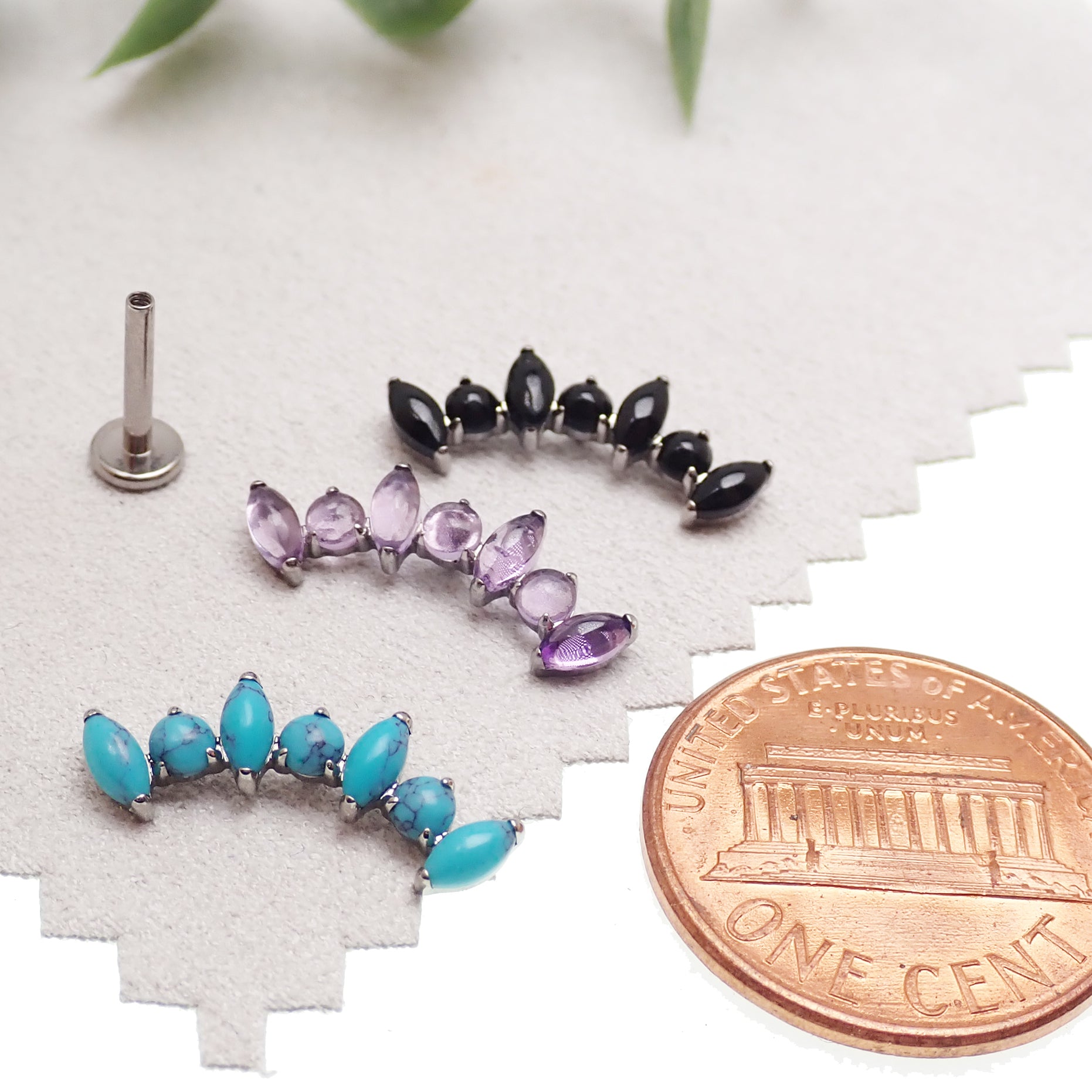 Natural stone cluster flat back body jewelry by Body Clickers in 14g, 16g, 18g with amethyst stones and 6mm size.