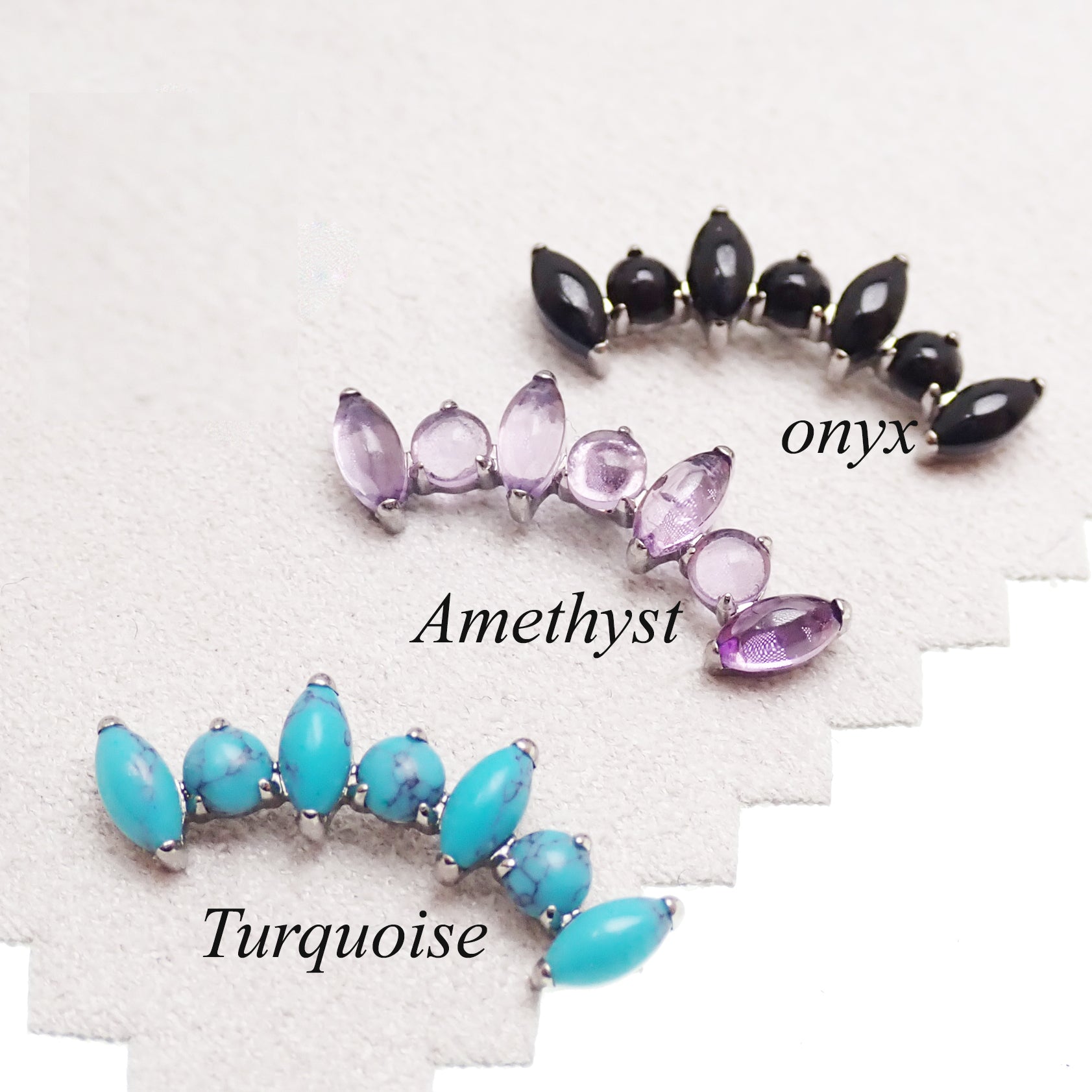 Natural stone cluster flat back body jewelry by Body Clickers, available in 14g, 16g, and 18g sizes with amethyst stones.