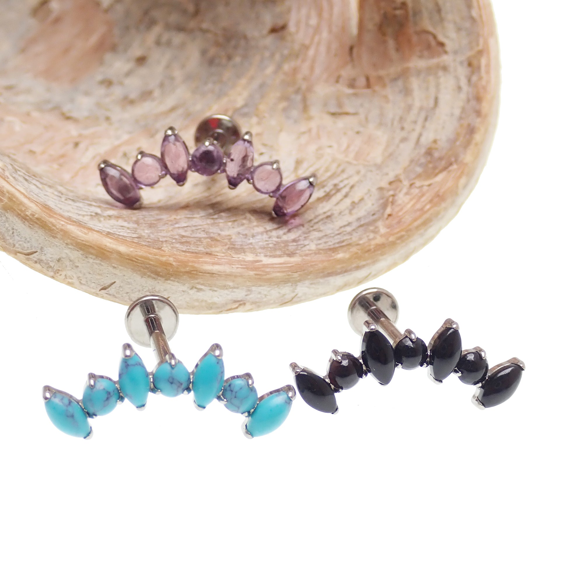 Amethyst natural stone cluster flat back body jewelry by Body Clickers, available in 14g, 16g, and 18g sizes.