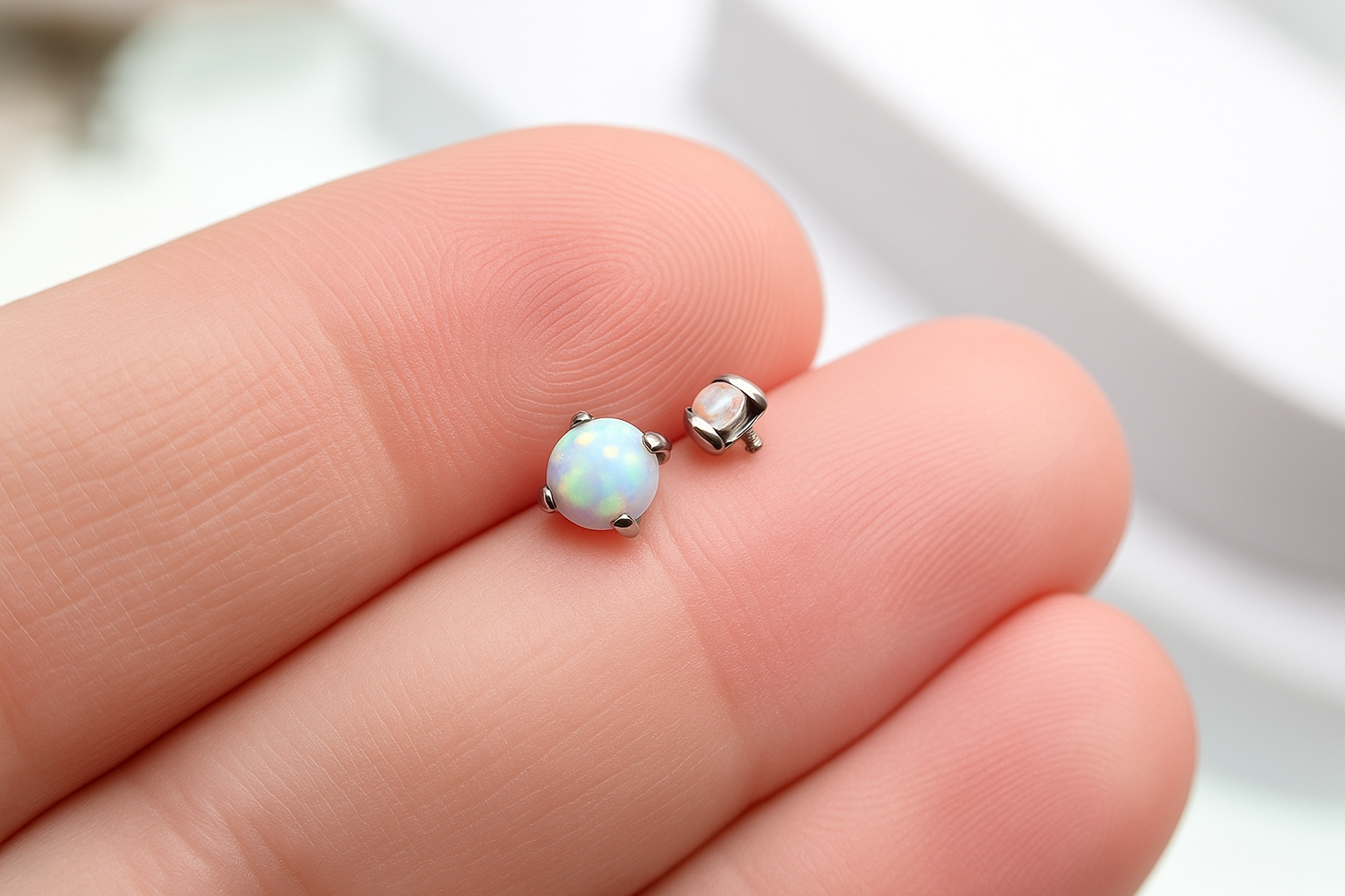 Azure titanium opal loose tops for body jewelry, 3mm and 4mm internally threaded flat back replacement attachment by Body Clickers