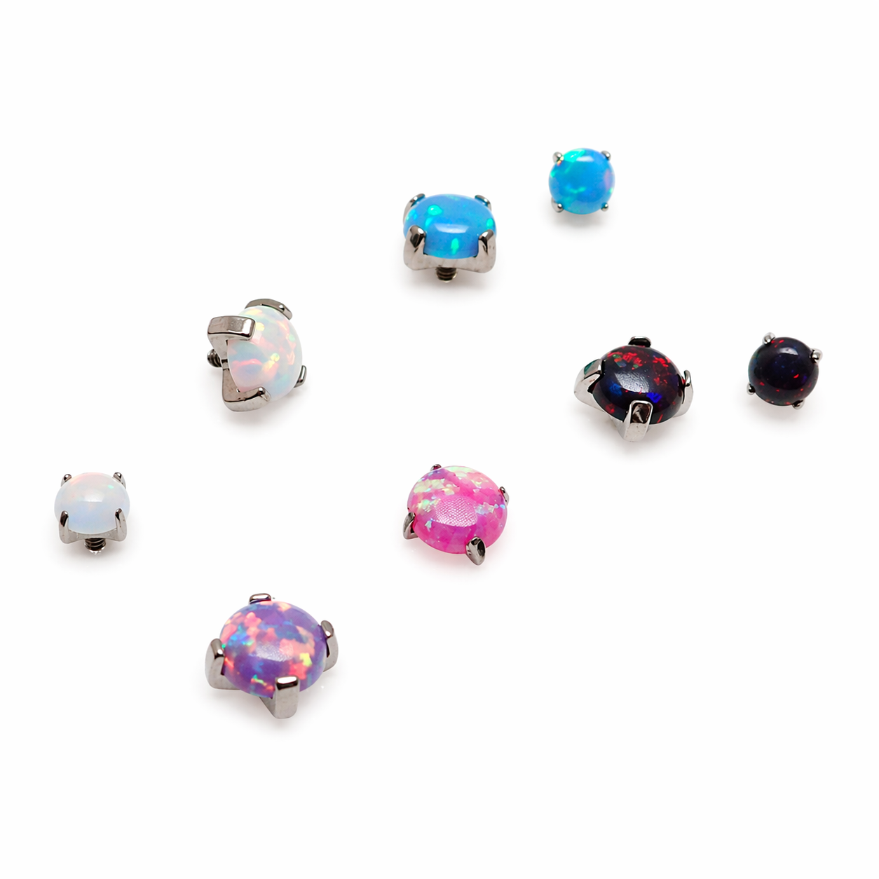 Azure titanium opal loose tops from Body Clickers Body Jewelry, 3mm and 4mm internally threaded flat back replacement attachments