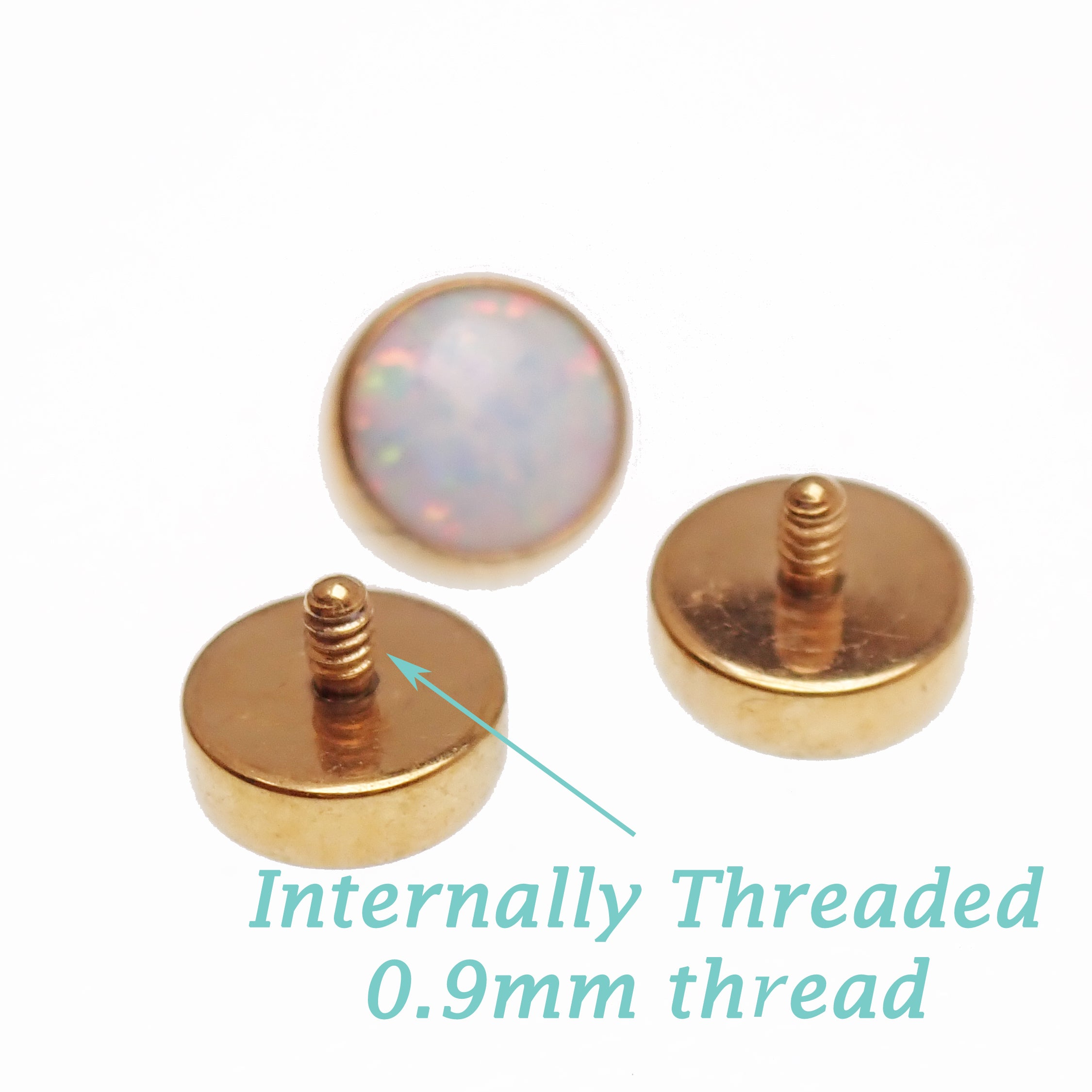 Titanium loose 4mm PVD gold flat opal tops attachment for body jewelry, 16g with 0.9mm thread, by Body Clickers.