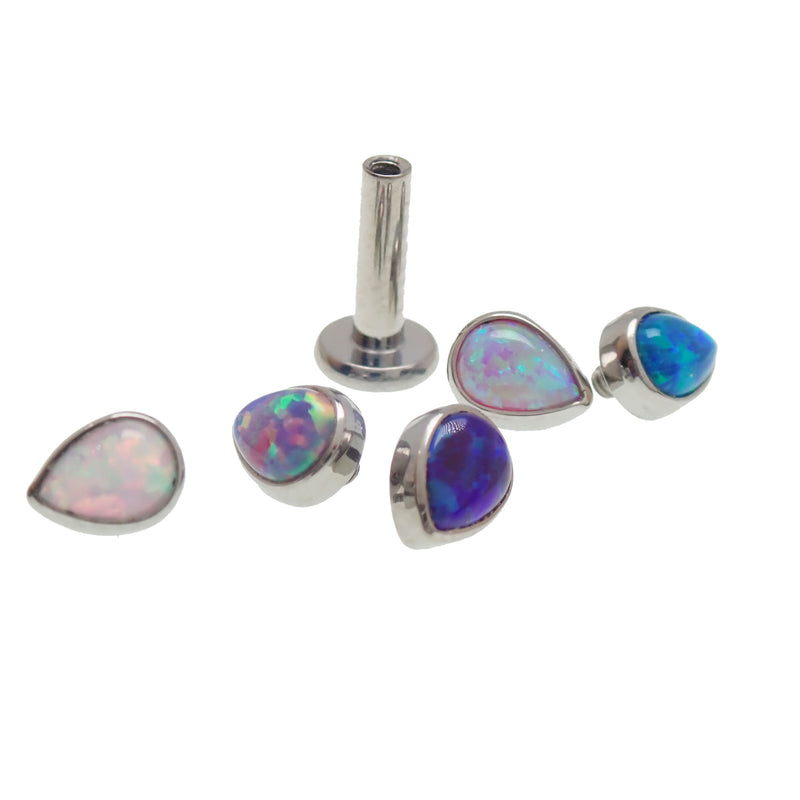 14g titanium teardrop flatback dermal piercing attachment by Body Clickers, with peacock blue color and 1.2mm thread size.