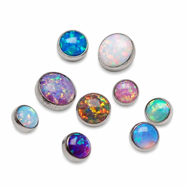Body Clickers 16g cabochon opal top body jewelry with threaded design, featuring vibrant opal gemstone.
