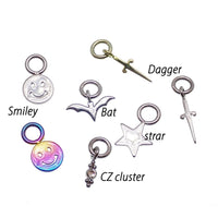 Titanium add-on charm for body clicker jewelry, fits up to 10g, featuring a bat design from Body Clickers Body Jewelry.