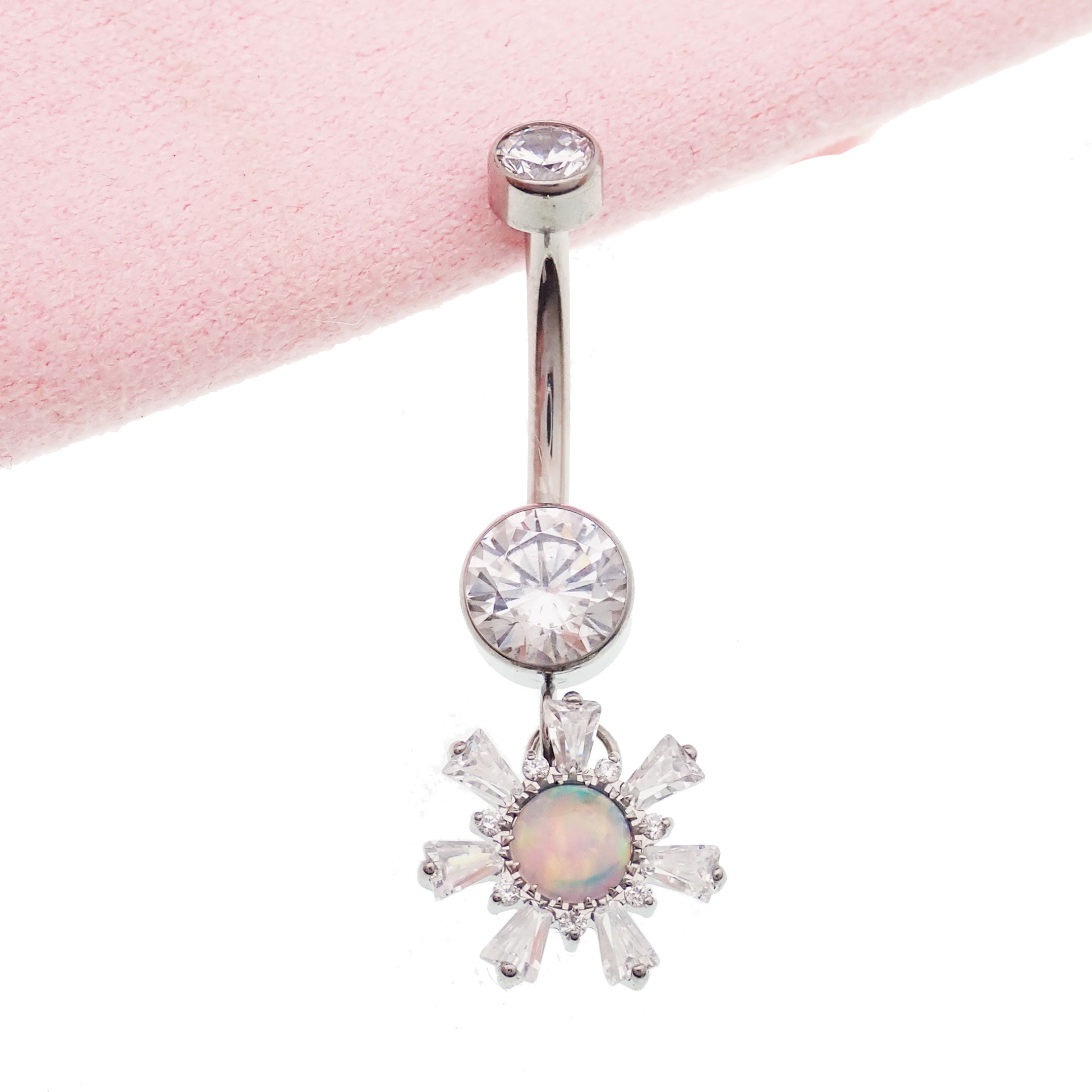 Titanium 14g dangly drop belly ring from Body Clickers Body Jewelry featuring a sleek implant design.
