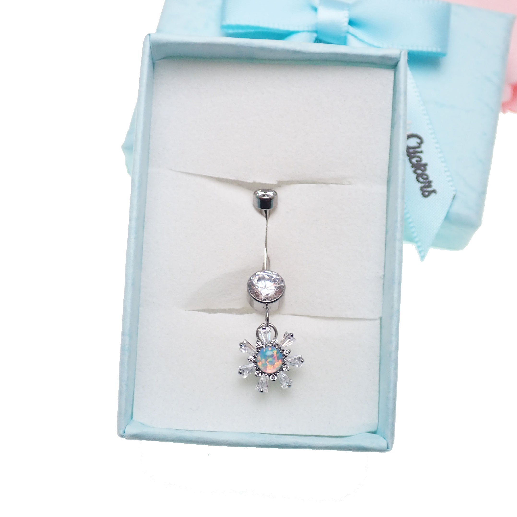 Titanium 14g dangly drop belly ring from Body Clickers Body Jewelry, featuring a sleek implant design and delicate dangling element.