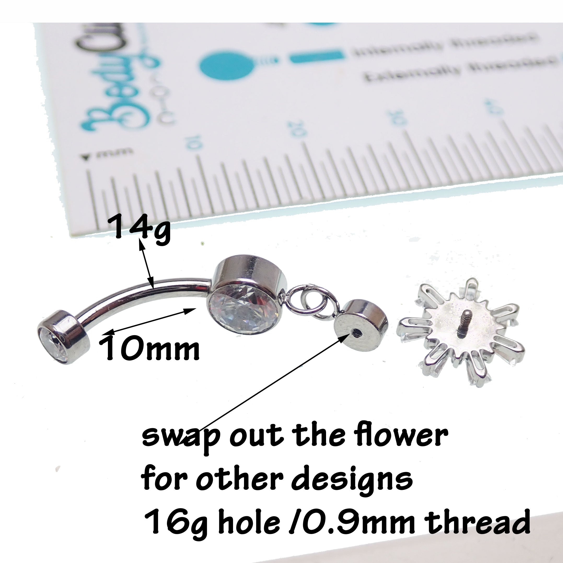 Titanium 14g dangly drop belly ring by Body Clickers Body Jewelry, featuring a sleek implant design and elegant dangling charm.