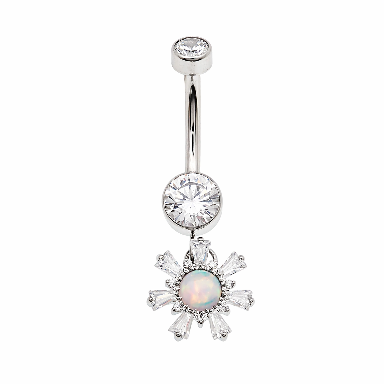 Titanium 14g dangly drop belly ring by Body Clickers Body Jewelry, featuring a sleek implant design and dangling pendant.