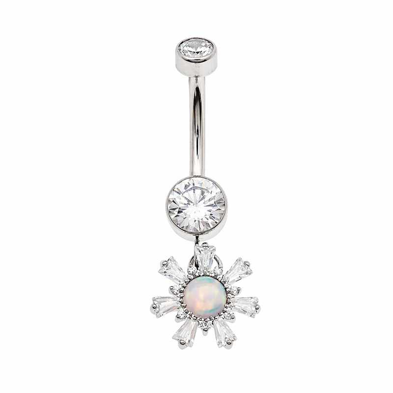 Titanium 14g dangly drop belly ring by Body Clickers Body Jewelry, featuring a sleek implant design and dangling pendant.