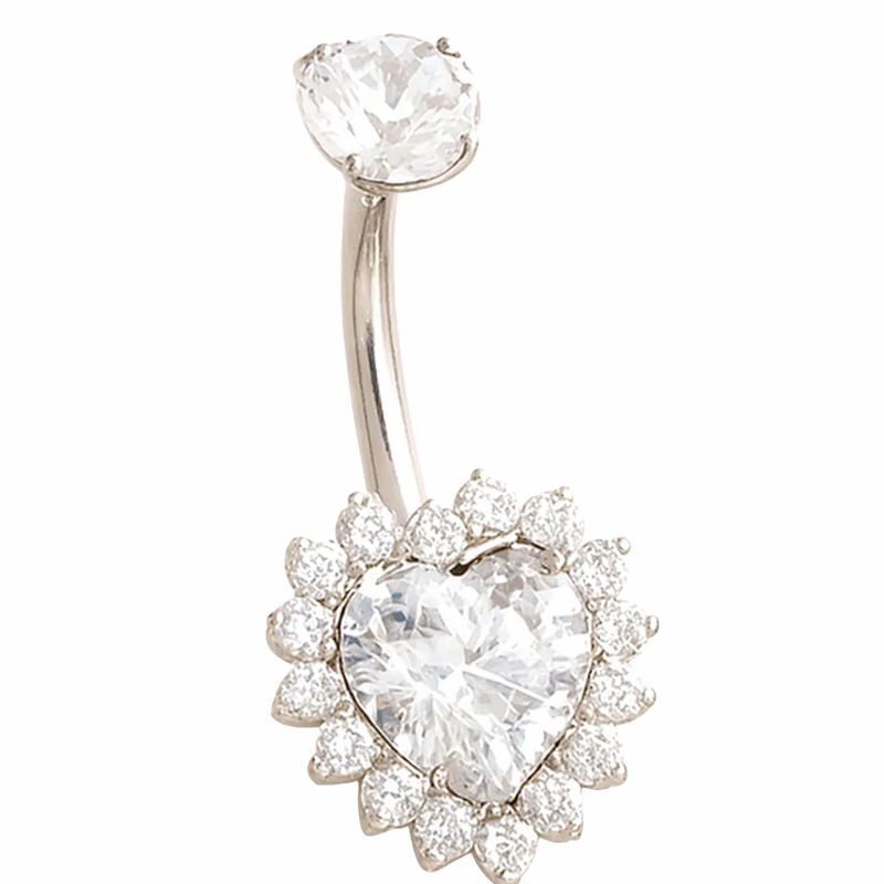 Titanium heart-shaped belly ring with white opal, Body Clickers Body Jewelry, for navel piercing.
